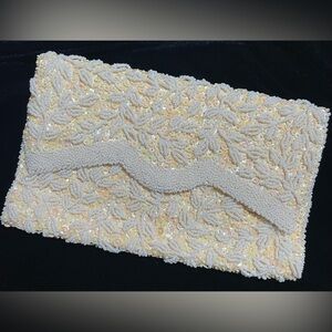 La Regale Cream Satin Floral Beaded Clutch Purse Bag